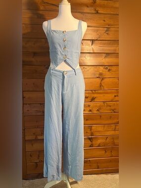 Light Blue Two-Piece Set — Cropped Button Vest & Wide Leg Pants